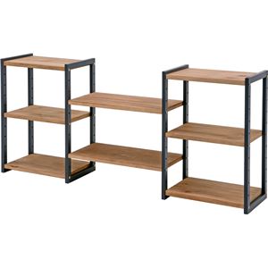 収納ラック/収納棚 【ダークグレイ×ライトブラウン】 約幅147cm 高さ調節可 木製 パイン材 組立式 〔リビング〕【代引不可】