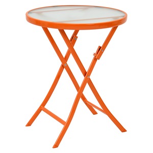 コンパクト 折りたたみテーブル/サイドテーブル 【オレンジ】 直径60×高さ70.5cm スチールパイプ 強化ガラス天板付き【代引不可】
