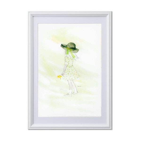 絵画額縁/木目調フレーム 【いわさきちひろ/春の風】 壁掛け用 ひも付き 中身入替可 日本製