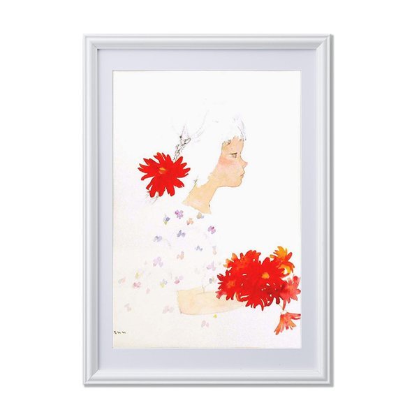 絵画額縁 木目調フレーム いわさきちひろ 花束 壁掛け用 ひも付き 中身入替可 日本製 額 額縁 フレーム