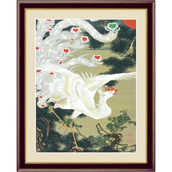 【若冲 鳳凰 旭日】【動植綵絵額】群鶏・白鳳・鶏■伊藤若冲 額装品（茶）F4号 老松白鳳図