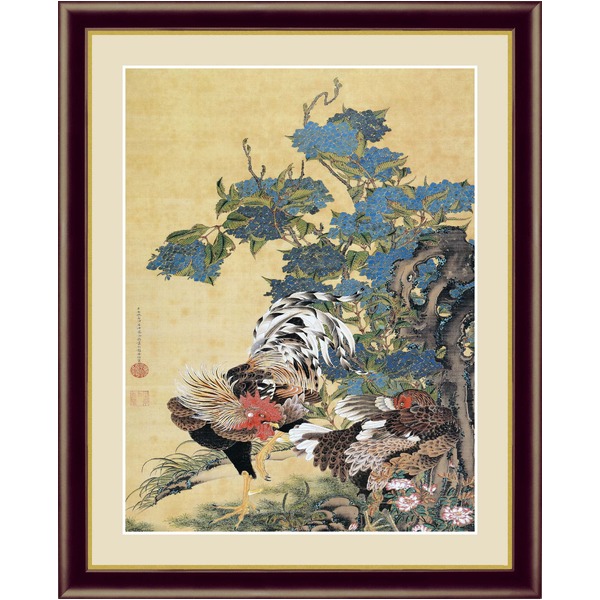 【若冲 鳳凰 旭日】【動植綵絵額】群鶏・白鳳・鶏■伊藤若冲 額装品（茶）F4号 紫陽花双鶏図