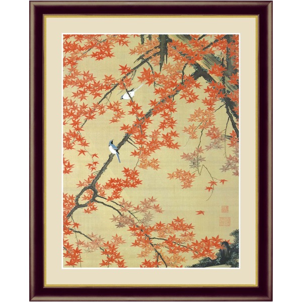 【若冲 鳳凰 旭日】【動植綵絵額】群鶏・白鳳・鶏■伊藤若冲 額装品（茶）F4号 紅葉小禽図