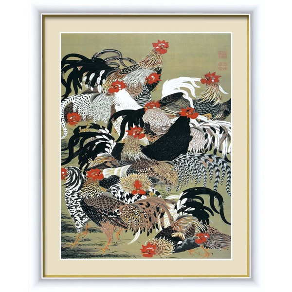 【若冲 鳳凰 旭日】【動植綵絵額】群鶏・白鳳・鶏■伊藤若冲 額装品（白）F4号 群鶏図