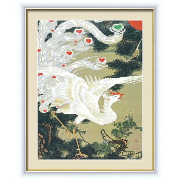 【若冲 鳳凰 旭日】【動植綵絵額】群鶏・白鳳・鶏■伊藤若冲 額装品（白）F4号 老松白鳳図