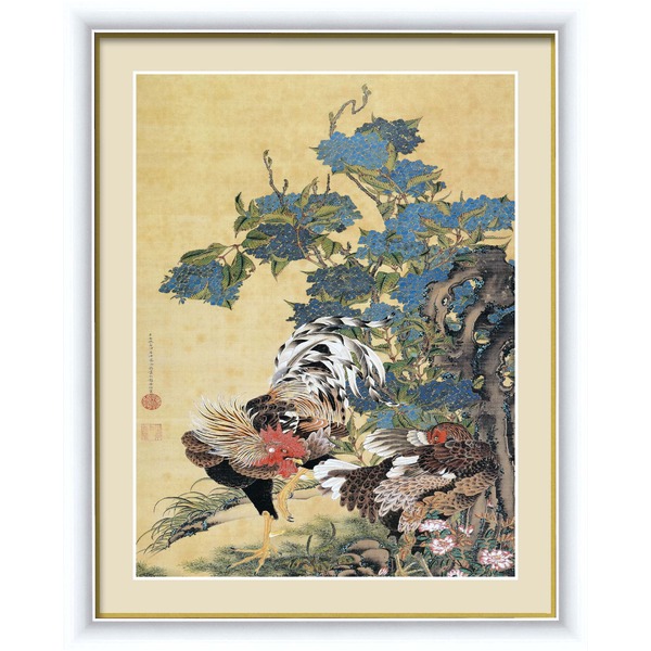 【若冲 鳳凰 旭日】【動植綵絵額】群鶏・白鳳・鶏■伊藤若冲 額装品（白）F6号 紫陽花双鶏図