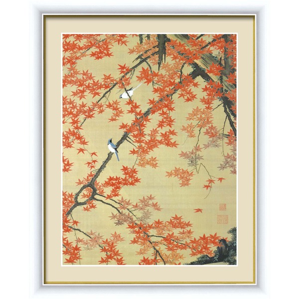 【若冲 鳳凰 旭日】【動植綵絵額】群鶏・白鳳・鶏■伊藤若冲 額装品（白）F6号 紅葉小禽図