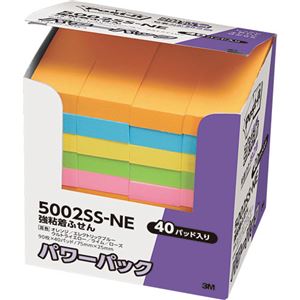 (まとめ) 3M ポストイット パワーパック 強粘着ふせん 75×25mm ネオンカラー5色 5002SS-NE 1パック（40冊）  【×5セット】