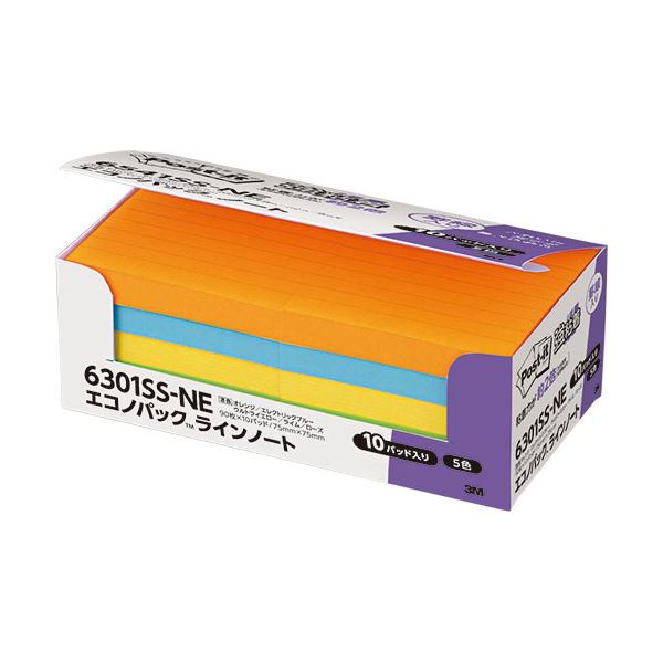 (まとめ) 3M ポストイット エコノパック 強粘着ノート ラインノート 75×75mm ネオンカラー5色 6301SS-NE 1パック（10冊）  【×5セット】