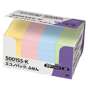 (まとめ) 3M ポストイット エコノパック 強粘着ふせん 75×25mm パステルカラー4色 5001SS-K 1パック（20冊）  【×5セット】