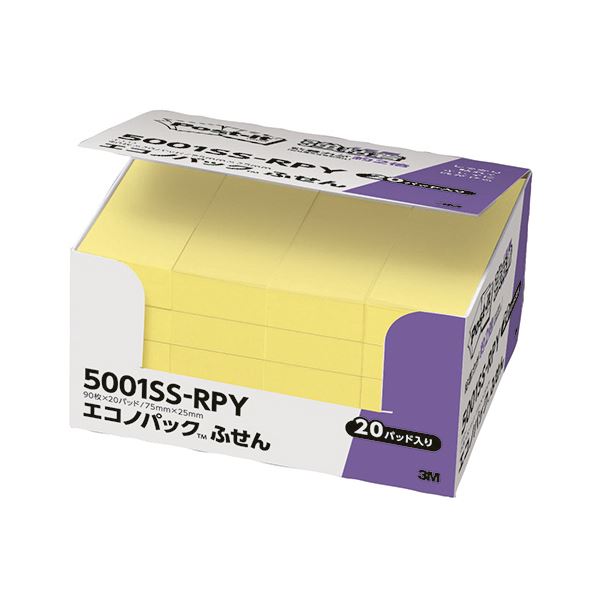 (まとめ) 3M ポストイット エコノパック 強粘着ふせん 75×25mm イエロー 5001SS-RPY 1パック（20冊）  【×5セット】