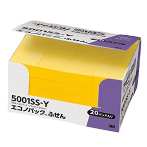 (まとめ) 3M ポストイット エコノパック 強粘着ふせん 75×25mm ウルトライエロー 5001SS-Y 1パック（20冊）  【×5セット】