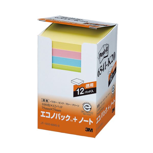 (まとめ) 3M ポストイット エコノパック ノート 再生紙 75×75mm 4色 6541-K20 1パック（12冊）  【×5セット】