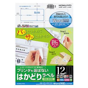 (まとめ) コクヨ プリンターを選ばない はかどりラベル A4 CASIOカシオ CASIOワード対応 ダーウィンシリーズ 12面 42.3×83.8mm KPC-E80184 1冊(100シート)  【×10セット】