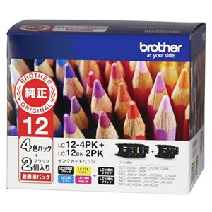 (まとめ) ブラザー BROTHER インクカートリッジ 4色（シアン・マゼンタ・イエロー・黒）パック+黒2個 LC12-4PK+LC12BK-2PK 1箱（6個）  【×10セット】