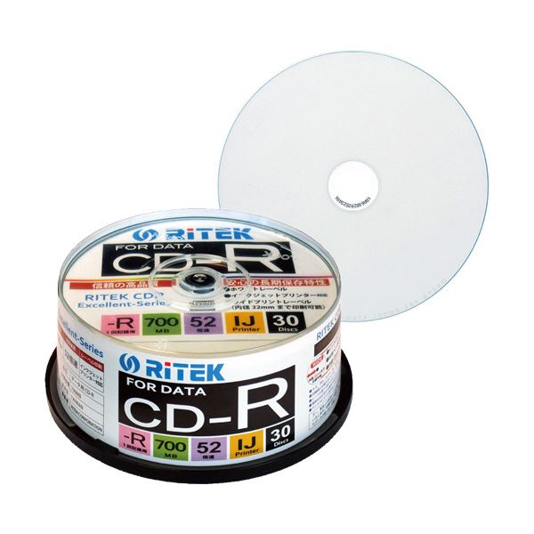 (まとめ) RITEK データ用CD-R 700MB1-52倍速 ホワイトワイドプリンタブル スピンドルケース CD-R700EXWP.30RT C1パック(30枚)  【×10セット】