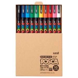 (まとめ) 三菱鉛筆 水性マーカー ポスカ 細字丸芯 簡易紙箱入 10色（各色1本） PC3MT10C 1パック  【×10セット】