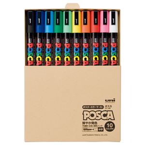 (まとめ) 三菱鉛筆 水性マーカー ポスカ 中字丸芯 簡易紙箱入 10色（各色1本） PC5MT10C 1パック  【×10セット】