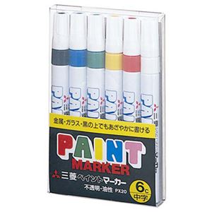 (まとめ) 三菱鉛筆 油性ペイントマーカー 中字丸芯 6色(各色1本) PX206C 1パック  【×10セット】