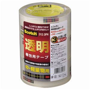 (まとめ) 3M スコッチ 透明梱包用テープ 中・軽量物用 厚さ0.065mm 48mm×50m 313-3PN 1パック（3巻）  【×10セット】