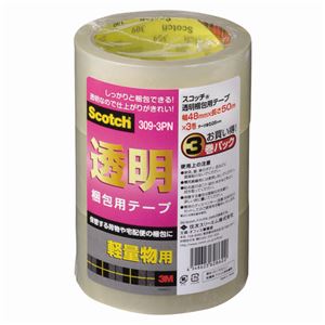 (まとめ) 3M スコッチ 透明梱包用テープ 軽量物用 厚さ0.05mm 48mm×50m 309-3PN 1パック（3巻）  【×10セット】