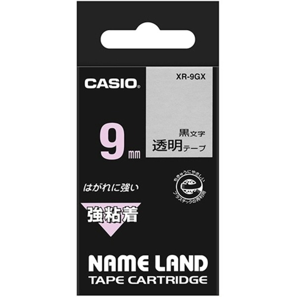 (まとめ) カシオ CASIO ネームランド NAME LAND 強粘着テープ 9mm×5.5m 透明／黒文字 XR-9GX 1個  【×10セット】