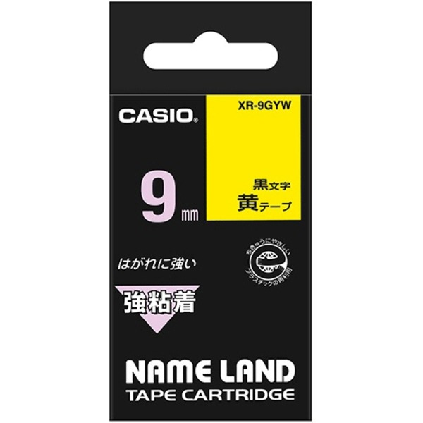 (まとめ) カシオ CASIO ネームランド NAME LAND 強粘着テープ 9mm×5.5m 黄／黒文字 XR-9GYW 1個  【×10セット】