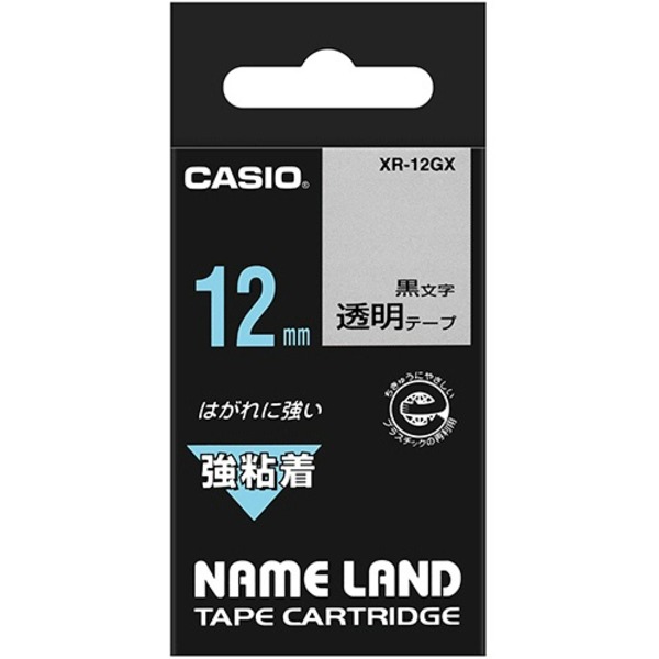 (まとめ) カシオ CASIO ネームランド NAME LAND 強粘着テープ 12mm×5.5m 透明／黒文字 XR-12GX 1個  【×10セット】