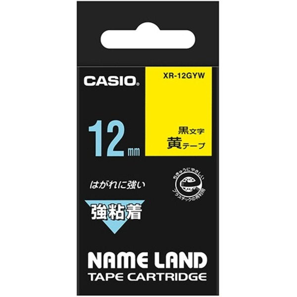 (まとめ) カシオ CASIO ネームランド NAME LAND 強粘着テープ 12mm×5.5m 黄／黒文字 XR-12GYW 1個  【×10セット】