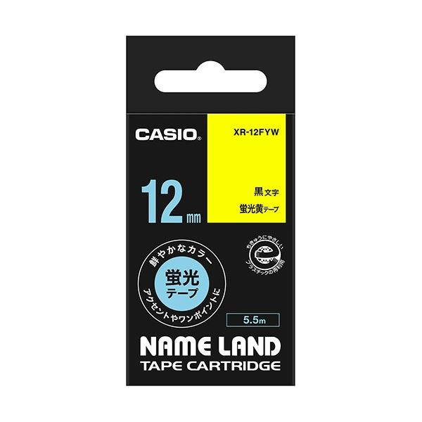 (まとめ) カシオ CASIO ネームランド NAME LAND スタンダードテープ 12mm×5.5m 蛍光黄／黒文字 XR-12FYW 1個  【×10セット】