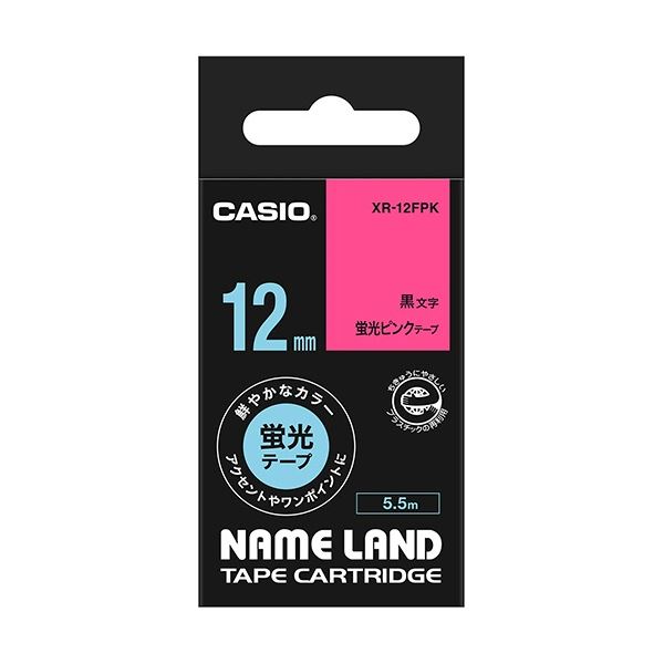 (まとめ) カシオ CASIO ネームランド NAME LAND スタンダードテープ 12mm×5.5m 蛍光ピンク／黒文字 XR-12FPK 1個  【×10セット】