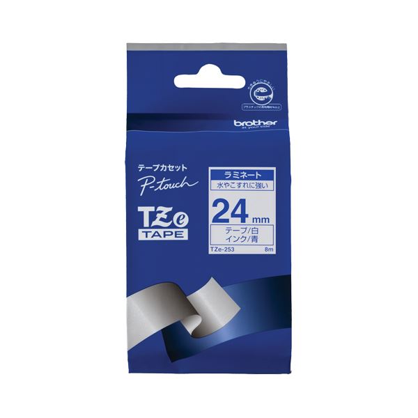 (まとめ) ブラザー BROTHER ピータッチ TZeテープ ラミネートテープ 24mm 白／青文字 TZE-253 1個  【×10セット】