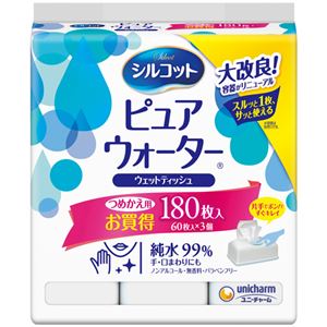 (まとめ) ユニ・チャーム シルコットウェットティッシュ 純水99%ピュアウォーター つめかえ用 1パック(180枚：60枚×3個)  【×10セット】