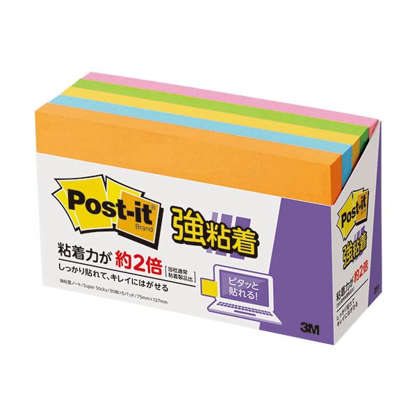 (まとめ) 3M ポストイット 強粘着ノート 75×127mm ネオンカラー5色 655-5SSAN 1パック（5冊）  【×10セット】