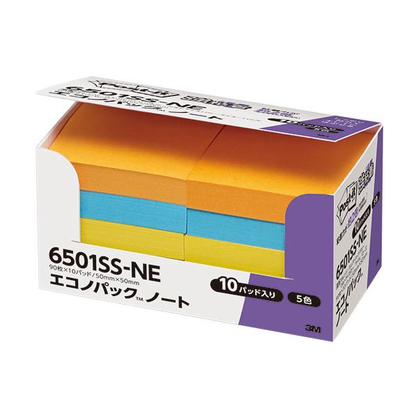 (まとめ) 3M ポストイット エコノパック 強粘着ノート 50×50mm ネオンカラー5色 6501SS-NE 1パック（10冊）  【×10セット】