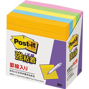 (まとめ) 3M ポストイット 強粘着ノート ラインノート 75×75mm ネオンカラー5色 630-5SSAN 1パック（5冊）  【×10セット】