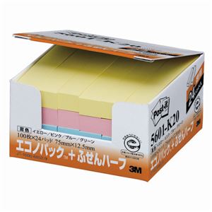 (まとめ) 3M ポストイット エコノパック ふせんハーフ 再生紙 75×12.5mm 混色 5601-K20 1パック（24冊）  【×10セット】