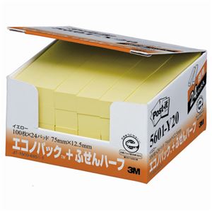 (まとめ) 3M ポストイット エコノパック ふせんハーフ 再生紙 75×12.5mm イエロー 5601-Y20 1パック（24冊）  【×10セット】