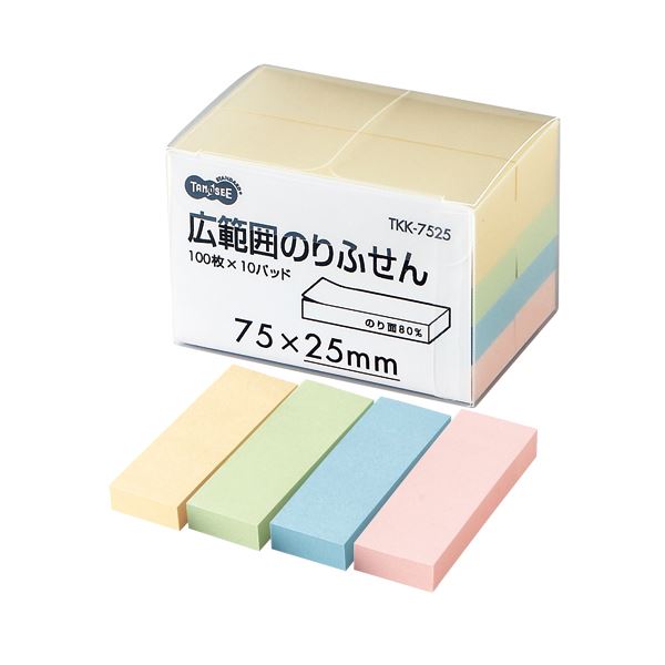 (まとめ) TANOSEE 広範囲のりふせん 75×25mm 4色 1パック（10冊）  【×10セット】