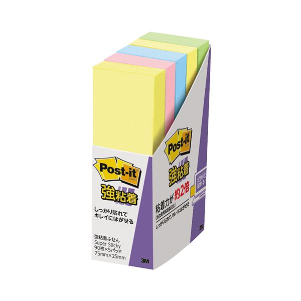 (まとめ) 3M ポスト・イット 強粘着ふせん75×25mm 混色 500-5SSAP 1パック（5冊）  【×30セット】