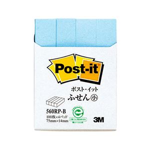 (まとめ) 3M ポストイット ふせん小 再生紙スタンダードカラー 75×14mm ブルー 560RP-B 1パック（4冊）  【×30セット】