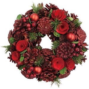 （まとめ）函館クリスマスファクトリーナチュラルローズ＆ボールリース レッド 26cm 1個【×10セット】 - 拡大画像