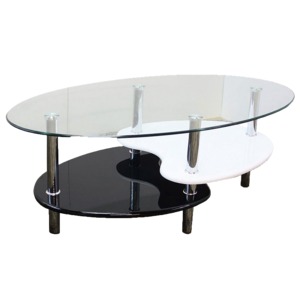 強化ガラステーブル(ローテーブル) 高さ43cm 棚収納/アジャスター付き ブラック(黒)& ホワイト(白) 商品写真