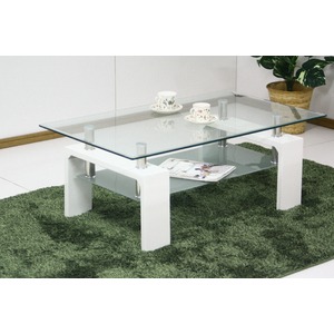 強化ガラステーブル/ローテーブル 【幅105cm】 高さ45cm 棚収納付き ホワイト(白) 商品写真1
