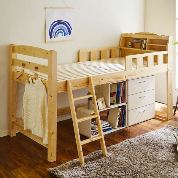 すのこベッド 寝具 幅102cm 木製 宮付き 2口コンセント 照明付き ミドルベッド ベッドフレーム ベッドルーム 寝室 子供部屋【代引不可】