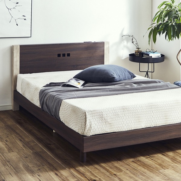 すのこベッド 幅120cm セミダブル ブラウン 2口コンセント 照明 宮付き マットレス別売 ベッドフレーム ベッドルーム 寝室【代引不可】