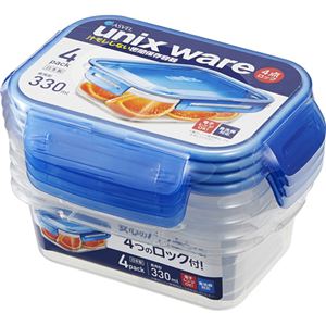 (まとめ) タイトロック/保存容器 【330ml 4個入り】 ブルー 角型 4点ロック 電子レンジ・食洗機可 ユニックス 【48個セット】