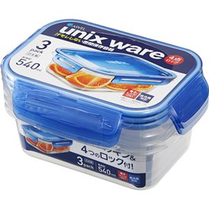 (まとめ) タイトロック/保存容器 【540ml 3個入り】 ブルー 角型 4点ロック 電子レンジ・食洗機可 ユニックス 【48個セット】