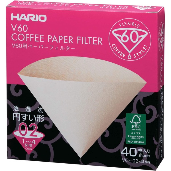 〔5個セット〕 HARIO V60用 ペーパーフィルター 02 箱 1〜4杯用 未晒し 40枚入 日本製 紙 パルプ100％ コーヒーフィルター