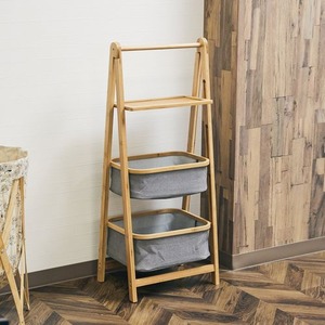 竹製折りたたみランドリーラック A式（バスケット2段+棚板1段）